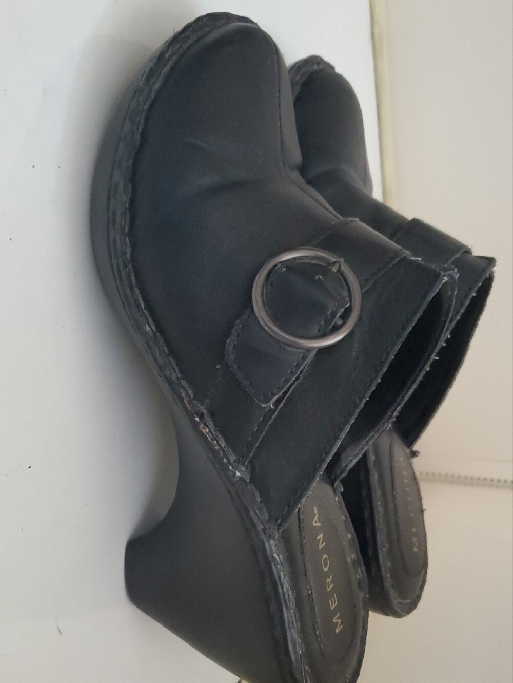 Black Leather High Heel Clogs with Buckle - Picture 6 of 11